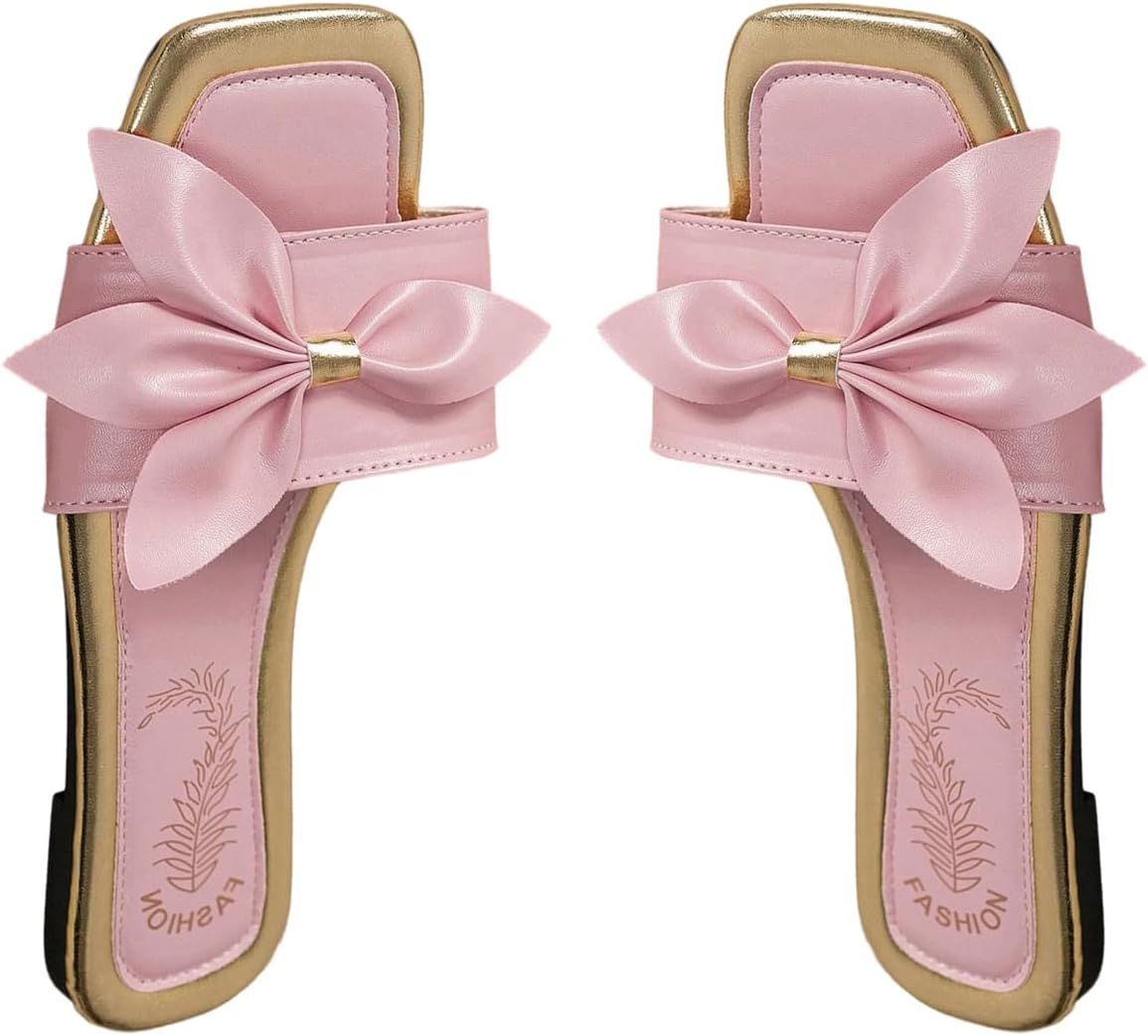 Verdusa Women's Vacation Bow Knot Elegant Slip on Dressy Sandals Square Open Toe Flat Sandals