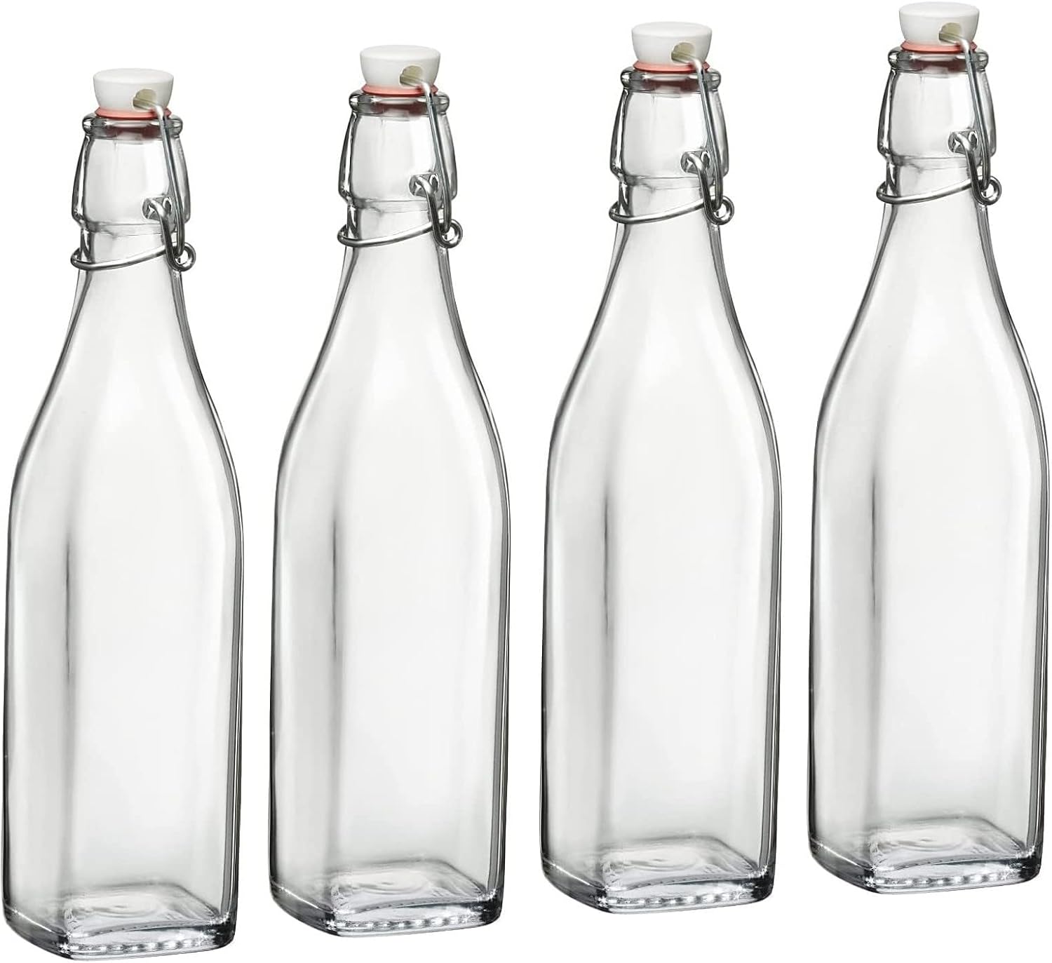 Bormioli Rocco 17oz Swing Bottle (Set of 4) – Reusable Glass Bottles with Airtight Leakproof Swing Tops, BPA-Free Office Water Bottle, Great for Homemade Syrups, Dressings, Infused Oils, Fresh Juices