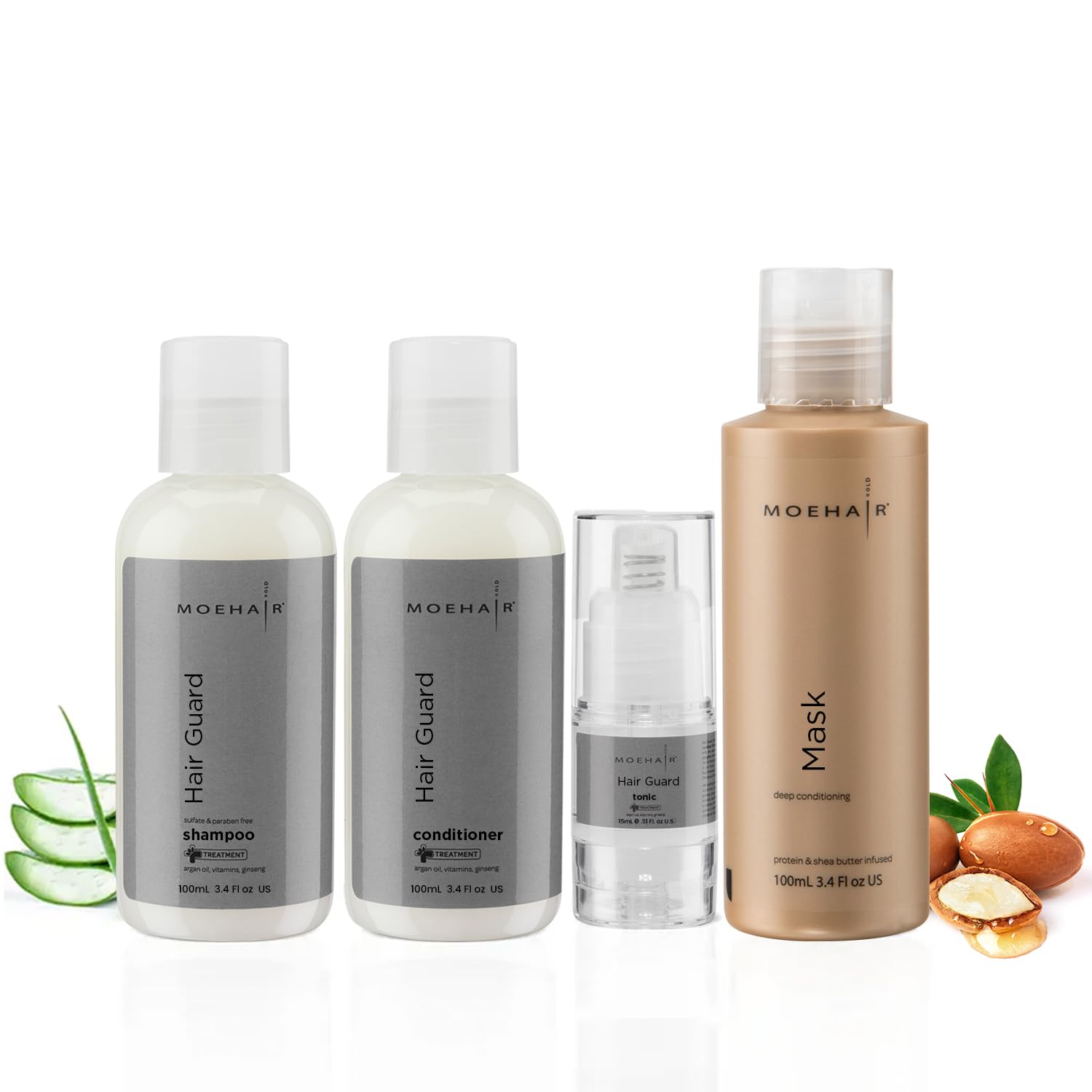 MOEHAIR Hair Guard Shampoo, Conditioner, Tonic & Mask Travel Kit | Sulfate & Paraben Free, Ginseng Infused, Reduces Hair Loss, Promotes Hair Growth | Made in USA
