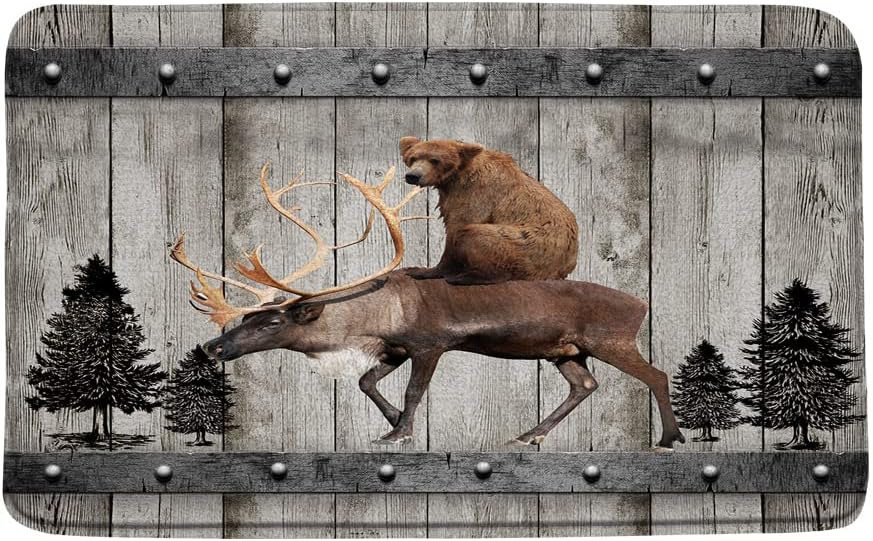 ZKJSMGSRustic Bear Bath Mat Funny Deer Moose Bear Vintage Wooden Board Tree Forest Wildlife Farmhouse Lodge Cabin Wild Animal Camping Hunting Safari Bath Rugs for Bathroom Kitchen,17.8x29.5 Inch