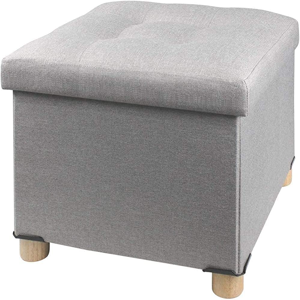 ISHEGREV Taburete con reposapiés Plegable con Forma de Cubo otomano, Cajas de Almacenamiento Plegables, baúl de Juguetes, Taburete Plegable con Patas de Madera y Tapa, Acolchado Suave, Gris