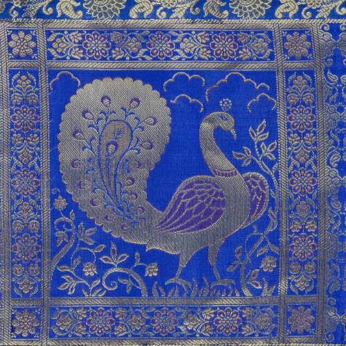 Image of Traditional Peacock Silk Table Runner, 60 x 16 Inch | Decorative Dining Table Runner for Home, Pooja, Wedding, Festivals & Housewarming (Turquoise Gold)