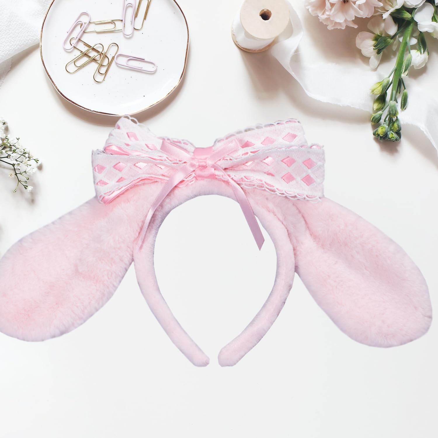 Anime Plush Ears Headband Furry Bunny Ears Halloween Adults Costume Cosplay Fits for Women 18+ (Pink)