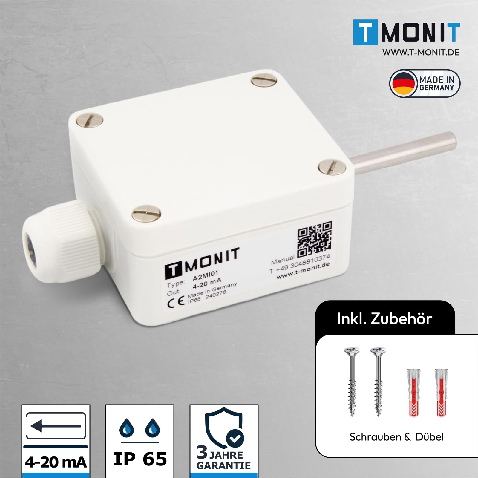 Trasmettitore di temperatura esterna rapido con sensore PT1000, attivo, 4-20mA, NE43, IP65