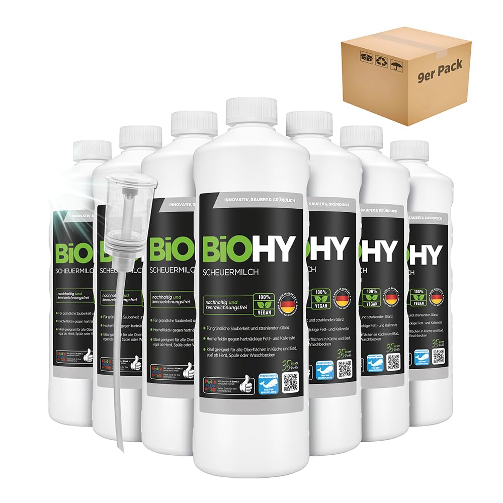BiOHY Leche desgrasada (9 botellas de 1 litro) + Dosificador | elimina sin esfuerzo los residuos de comida quemada | para el esmalte la cerámica y el acero inoxidable (Scheuermilch)