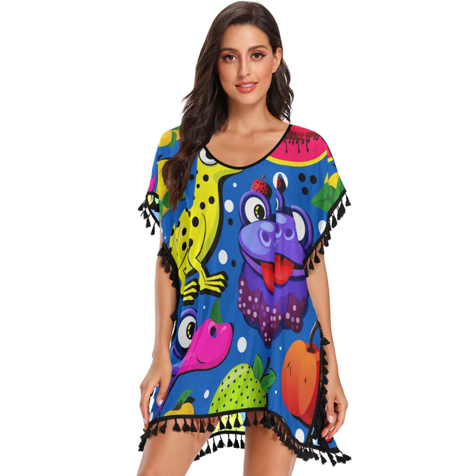 KAAVIYO Cartoon Yellow Frog Blue Flamingo Women's Beach Cover Up Chiffon Tassel Swimwear Swimsuit Coverups for Girl