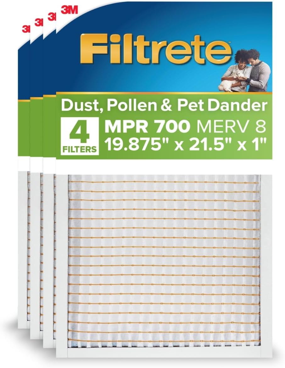 Filtrete 19.875x21.5x1 AC Furnace Air Filter, MERV 8, MPR 700, Tough on Pollen, Easy on Airflow, 3-Month Pleated 1-Inch Electrostatic Air Cleaning Filter, 4-Pack (Actual Size 19.56 x 21.19 x 0.81 in)