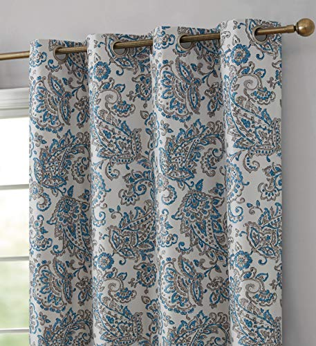 Hlc.me Amalfi Paisley 100% Blackout Room Darkening Thermal Lined Curtain Grommet Panels For Bedroom - Energy Efficient, Complete Darkness, Noise Reducing - Set Of 2 (Blue, 52" W X 84" L) #TOP17