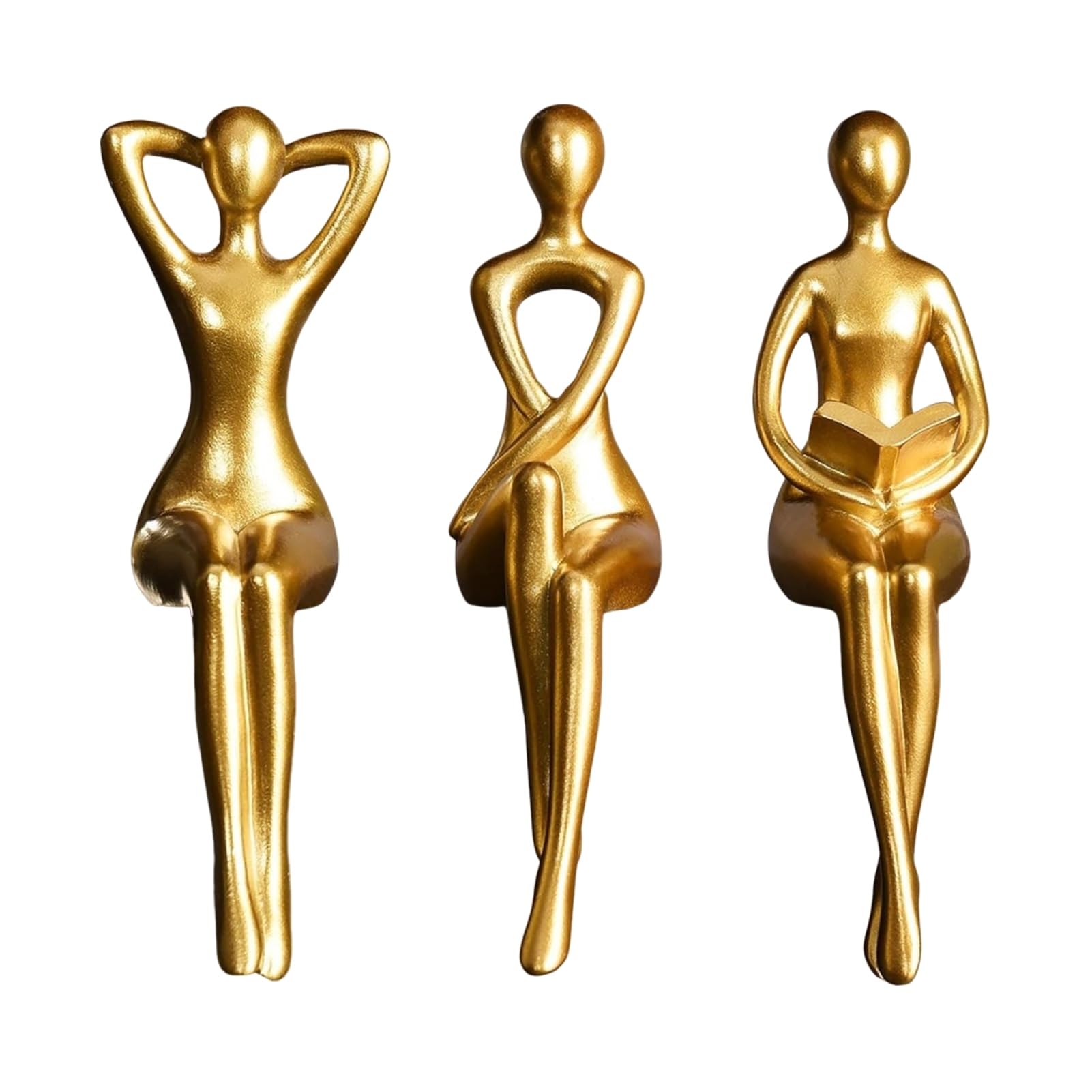 pidodou 3 Pcs Abstract Resin Reading Women Figurines, Sitting Thinker Sculpture Statue Decor for Living Room Office Bookshelf Golden Onesize
