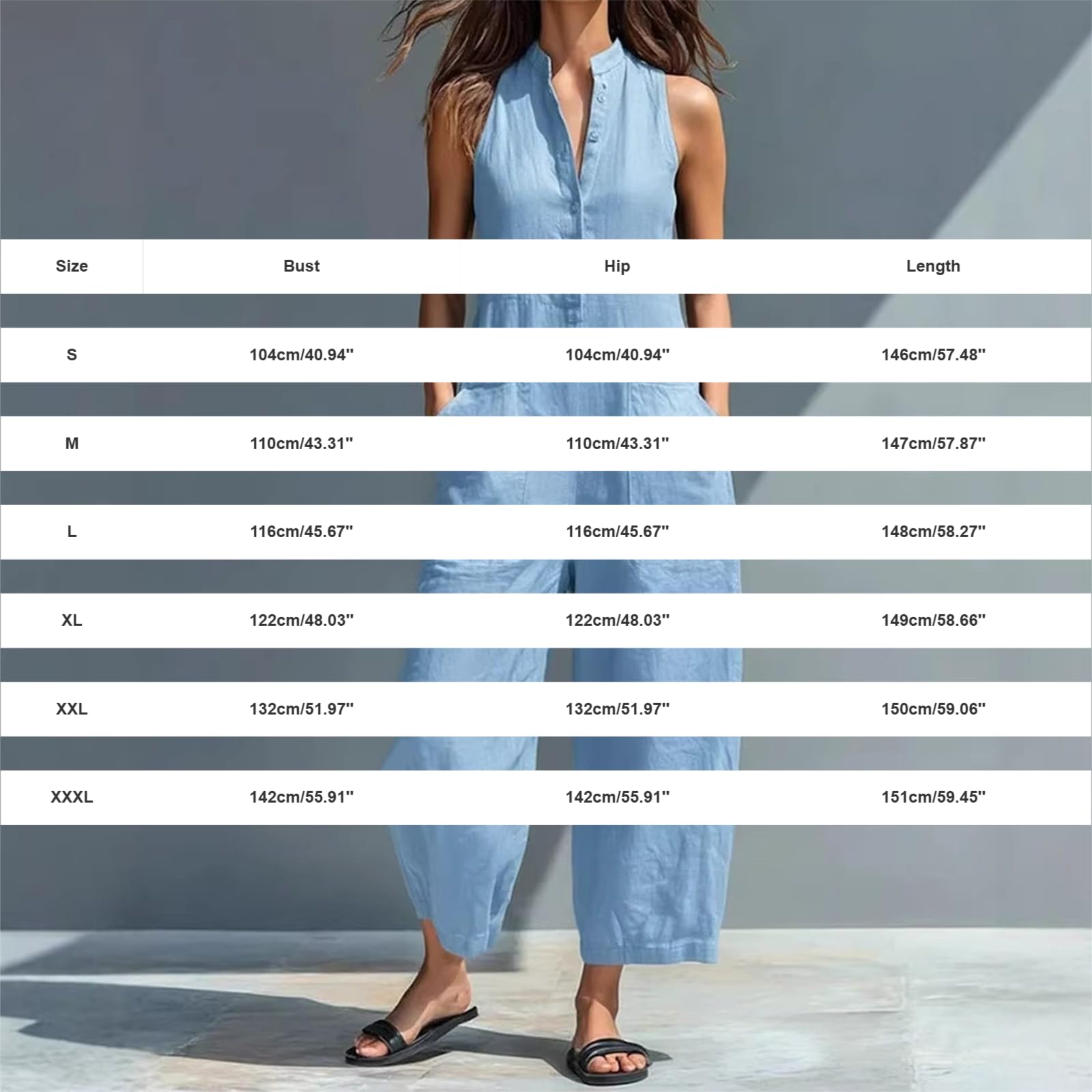 Generisch Tuta da donna con pantaloni, per il tempo libero, senza maniche, con colletto alto, gamba larga, abbottonatura, tinta unita, casual, estiva, leggera e confortevole, per spiaggia e vacanze