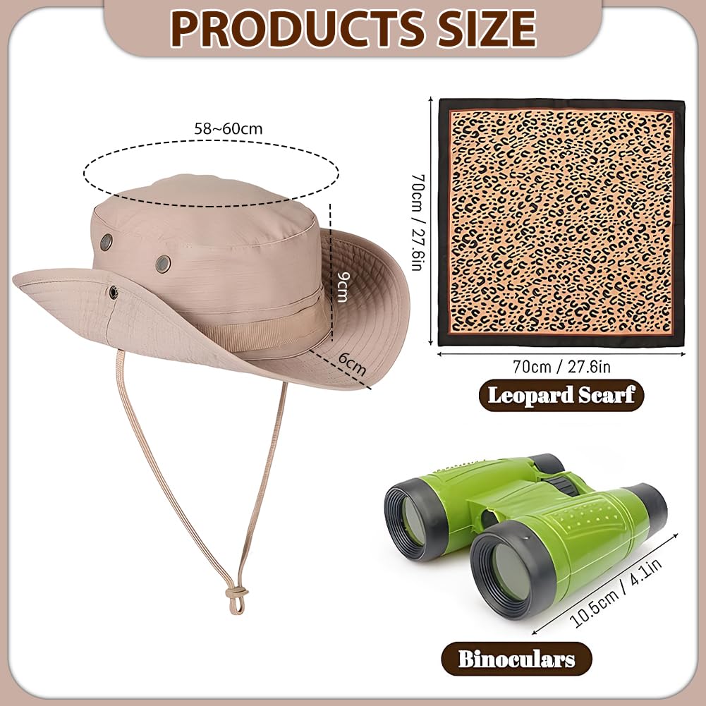 FCXVXCL 3 PCS Safari Costume Accessories Set, Explorer Zoo Keeper Costume, Safari Sun Hat, with Leopard Print Scarf Green Binoculars for Women Dress Up, Safaris Outfit Accessories for Cosplay Party - Image 2