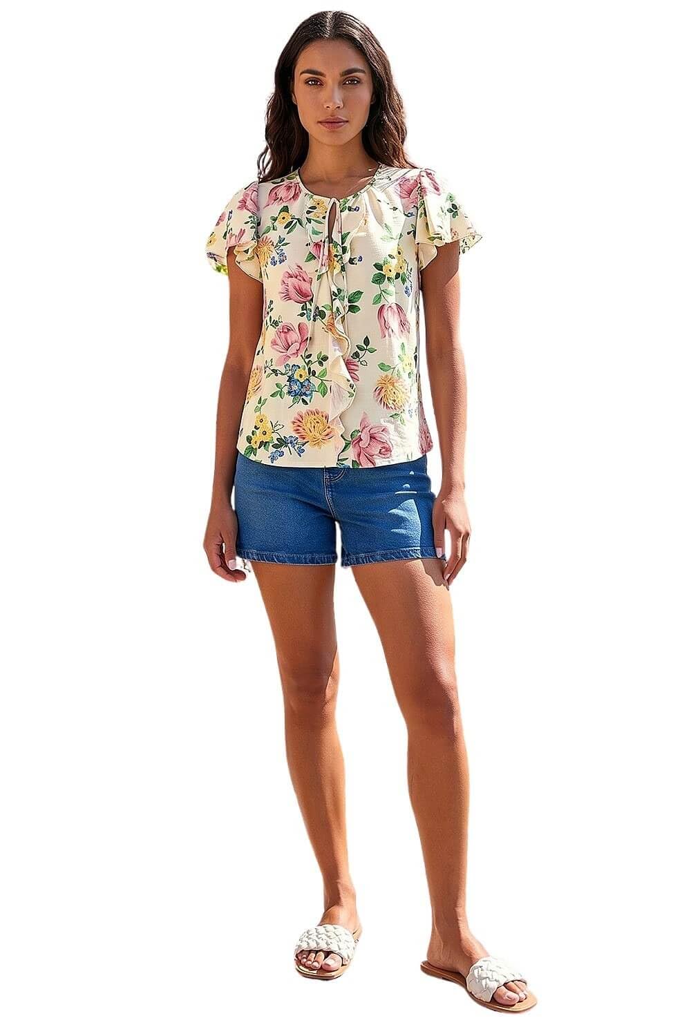 Roman Women's Light Pink Floral Tie Front Frill Top In | : Size 18