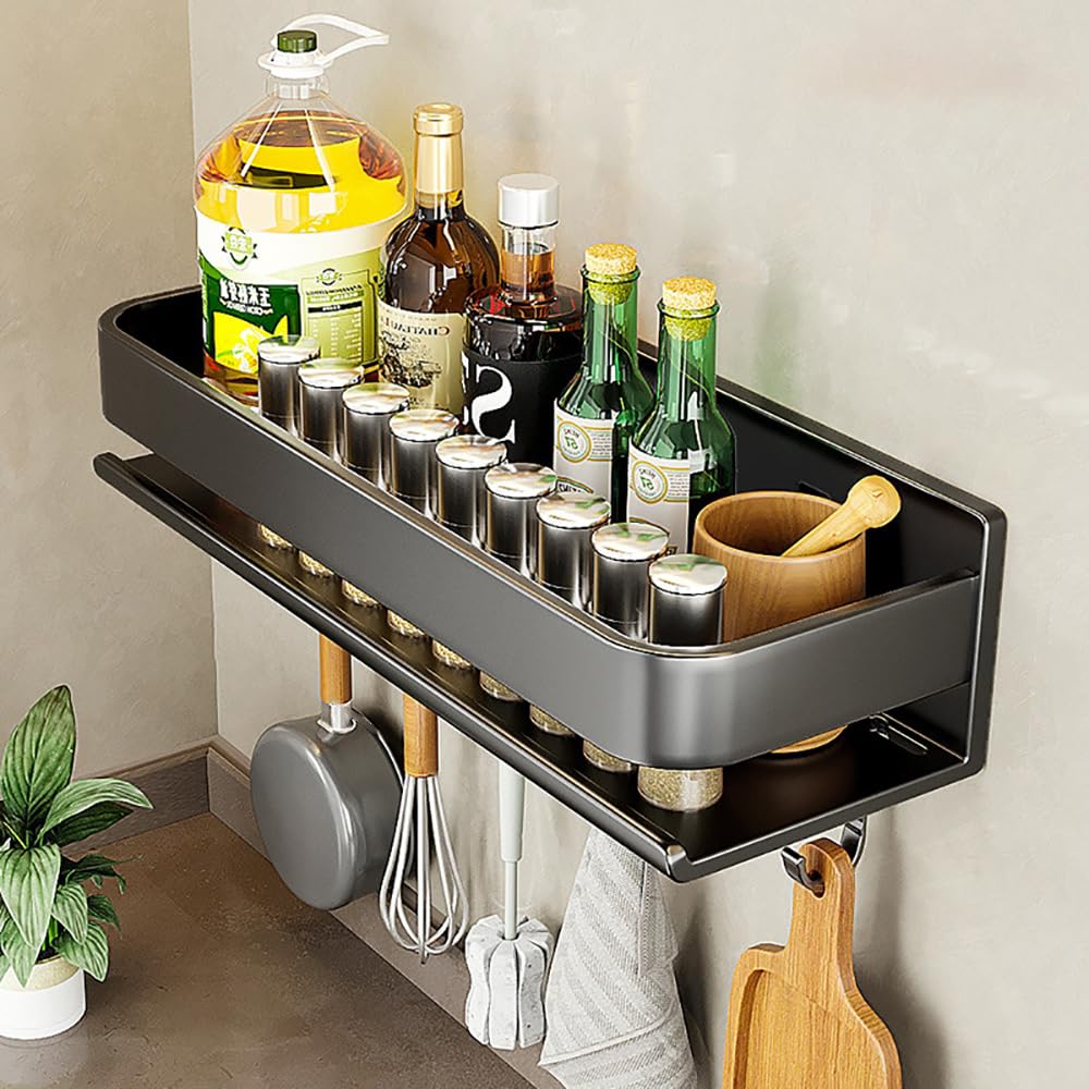 Xyagyund Black Hanging Pot Rack, Spice Rack Wall Mounted With 5 Hooks,Utensil, Carbon Steel Racks Organiser For Jars And Seasoning Bottles(,40Cm)