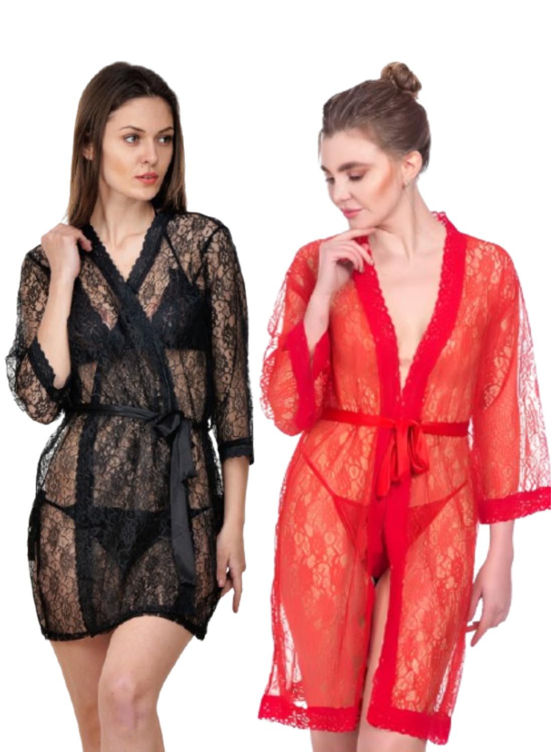 Women Lace Night Robe with Bikini Panty | Sheer Transparent Long Shrug Nightwear | Romantic Honeymoon & Bridal Lingerie Set-image-4
