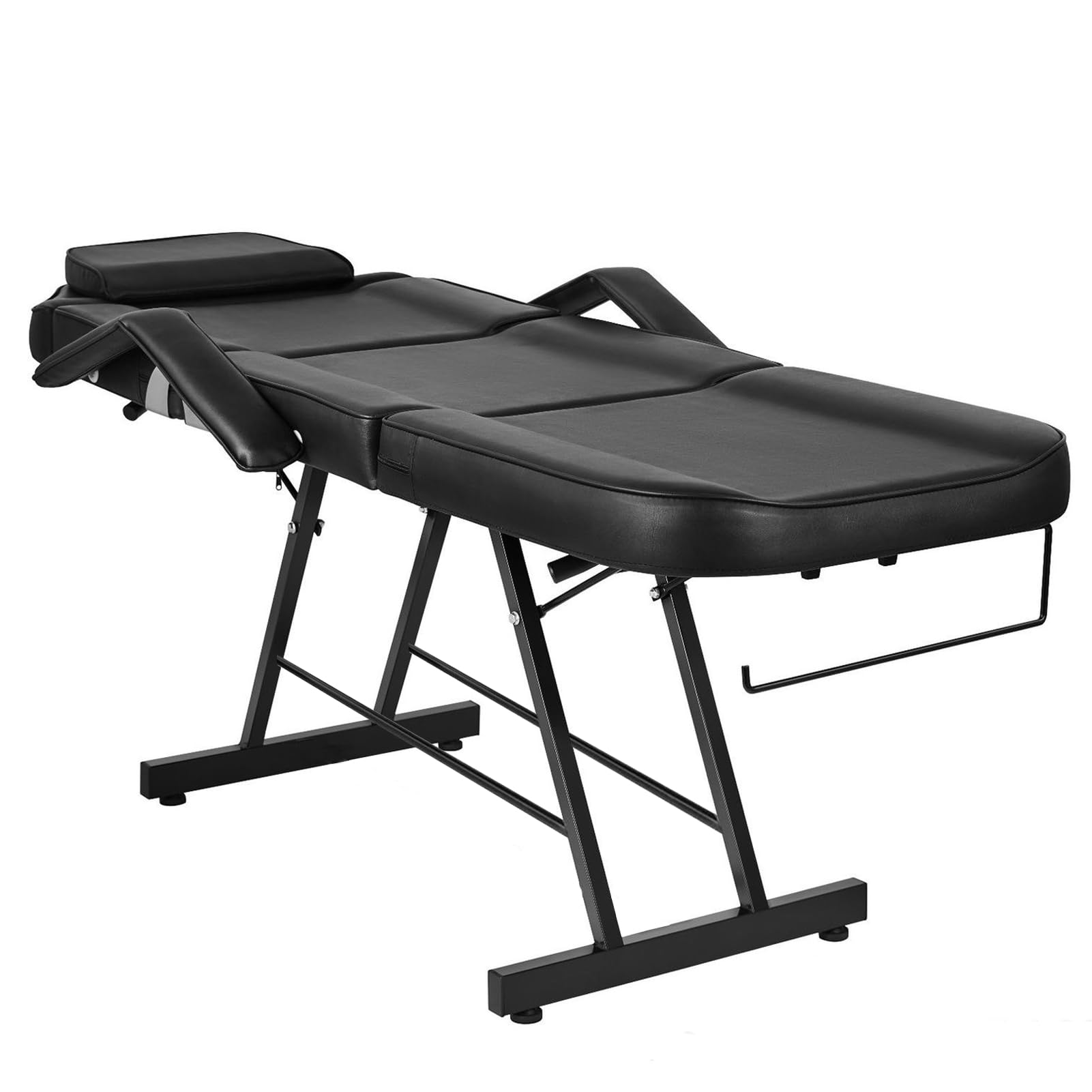 Roixeeds 3-Section Tattoo Chair, Adjustable Professional Salon Massage Bed Tattoo Bed Chair with Spa Stool and Towel Hook for Beauty Barber Spa Beauty Equipment, Black (Black)