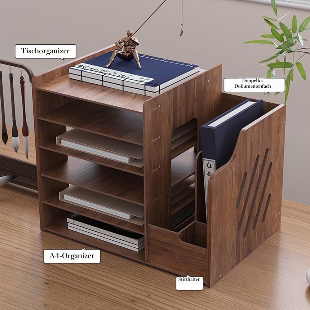 Schreibtisch-Organizer aus Holz, große Kapazität, Schreibtisch-Organizer, Aktenregal, A4-Papier-Dokumentensortierer, DIY Bürobedarf, Aufbewahrungsbox für Zuhause, Büro und Schule (JB07 Walnussholz)