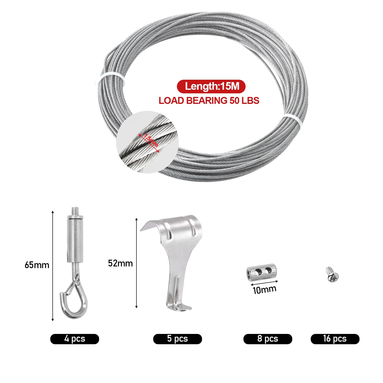KIBBEH Picture Hanging Wire Kit, 50ft Heavy Duty Adjustable Stainless Steel Wire (1.5mm Thick), Supports 50 lbs - Image 2