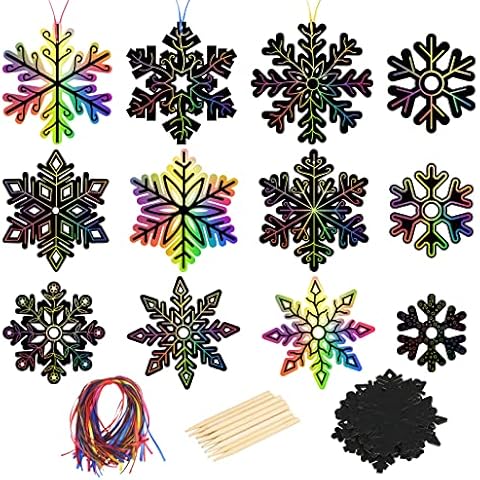 48pcs Snowflake Scratch Art MONCAP Christmas Black Magic Scratch Paper Winter Rainbow DIY Scratch Card with Wooden Stylus & Ribbon for Kids Girls Boys Xmas Craft Project Gift Decor Cover