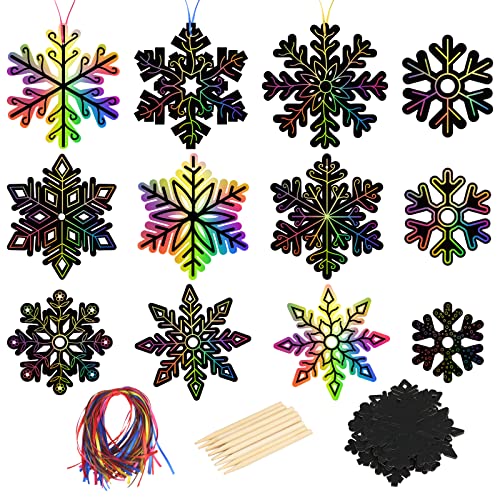 MONCAP 40Stk Schneeflocken Kratzpapier Winter Kratzbilder Kinder Regenbogen Scratch Art Set mit Holzstiften Bändern Rubbelpapier Bastelset für Winter Deko Party Mitgebsel Geburtstag