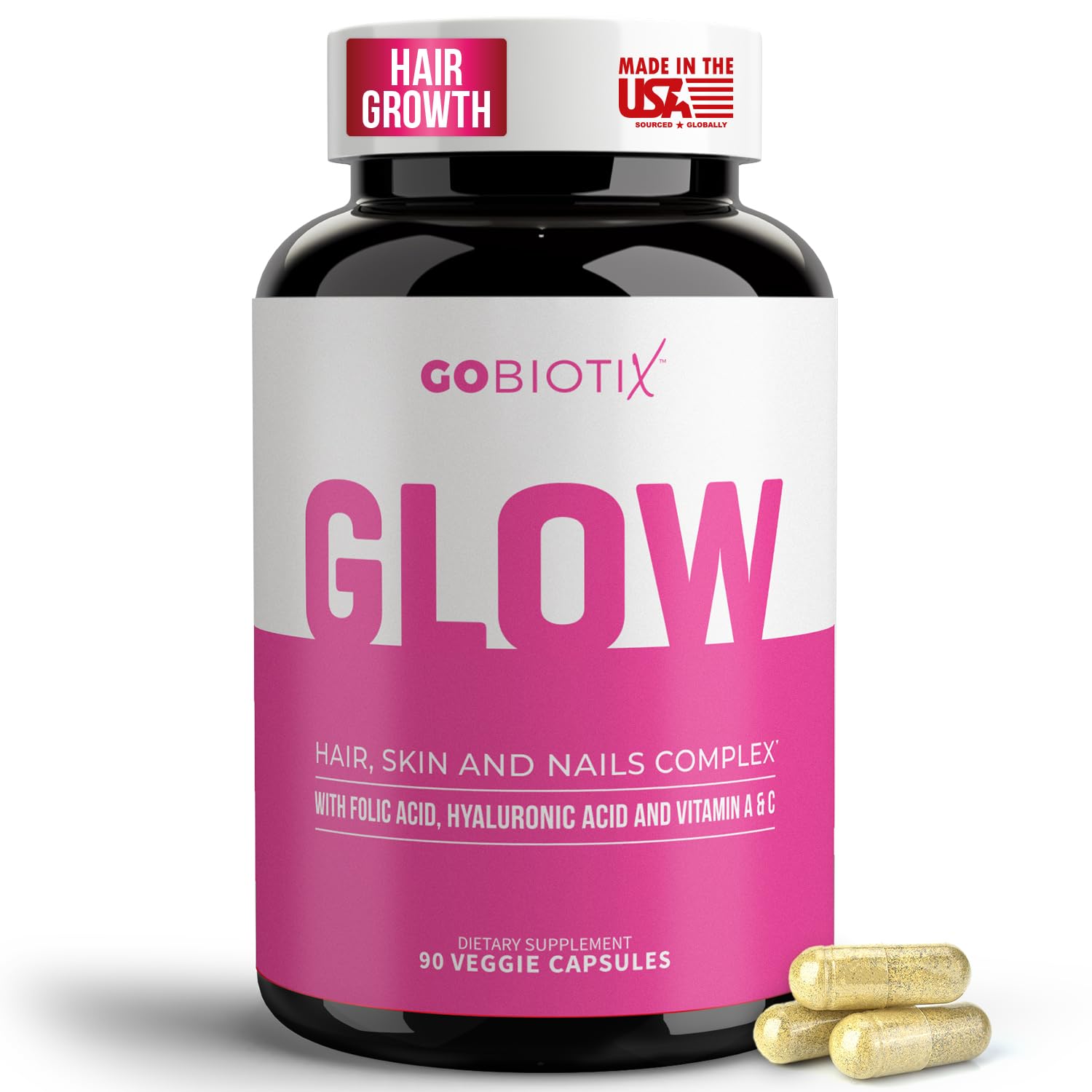 GOBIOTIX Hair Skin and Nails Vitamin Supplement - 10000mcg Biotin Pills with Hyaluronic Acid, Folate, Iron, Magnesium, and Zinc - Collagen Production, Hair Growth - 30 Servings