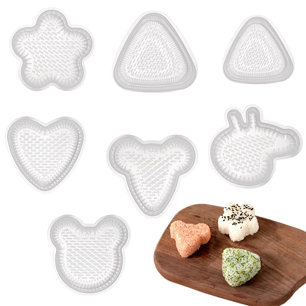 SensaBliss Transparent Rice Ball Die Cutters Set of 7 Convenient Onigiri Molds for Kids Meal Improvement DIY Flowers, Animals, Triangles, Hearts, Easy Care, Reusable for Home, Kitchen, Restaurant and 