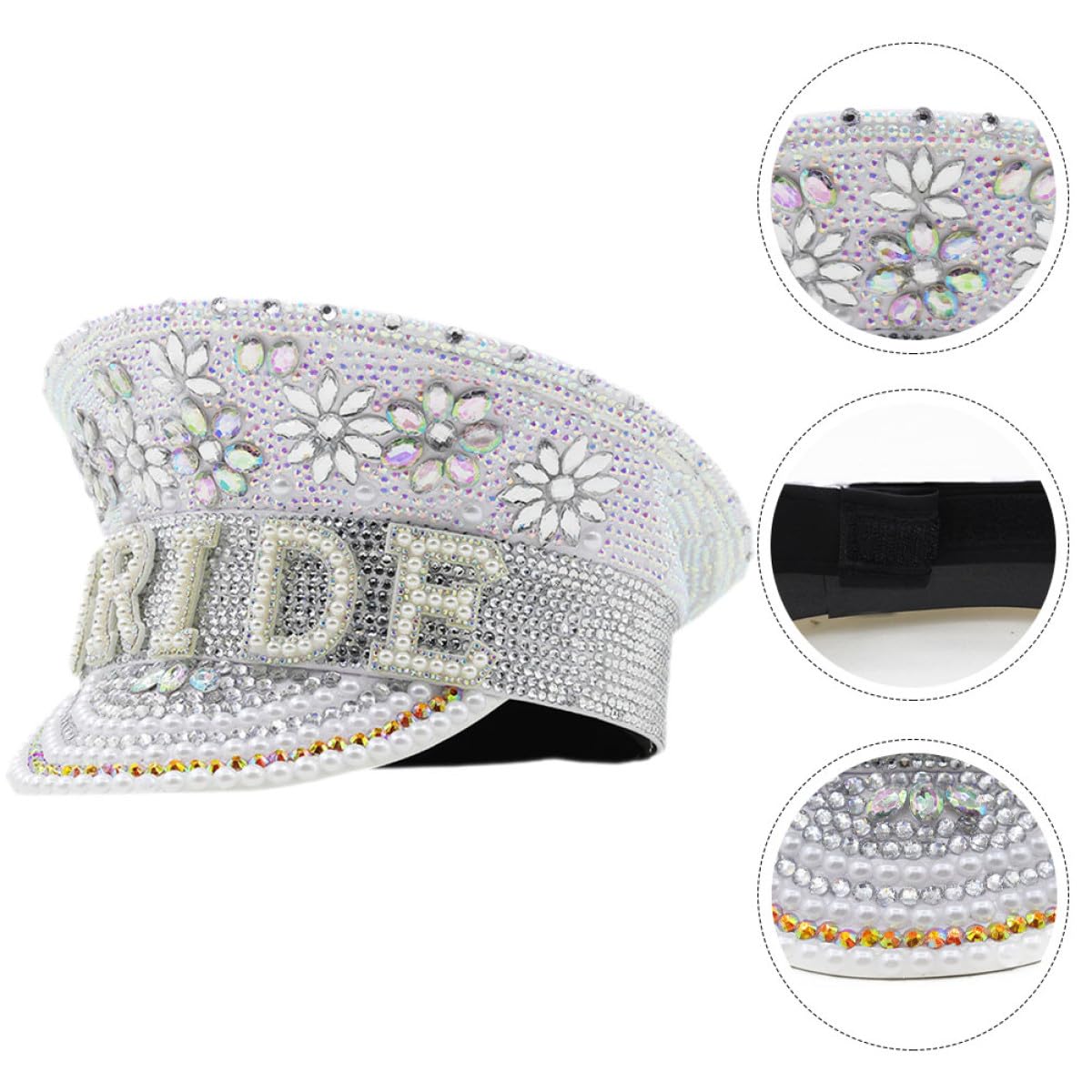 Ciieeo Sombrero de Novia Blanco Gemas de Imitación, Gorra de Capitán Ajustable para Despedida de Soltera y Bodas, Accesorio Elegante para Fiesta y Evento Nupcial