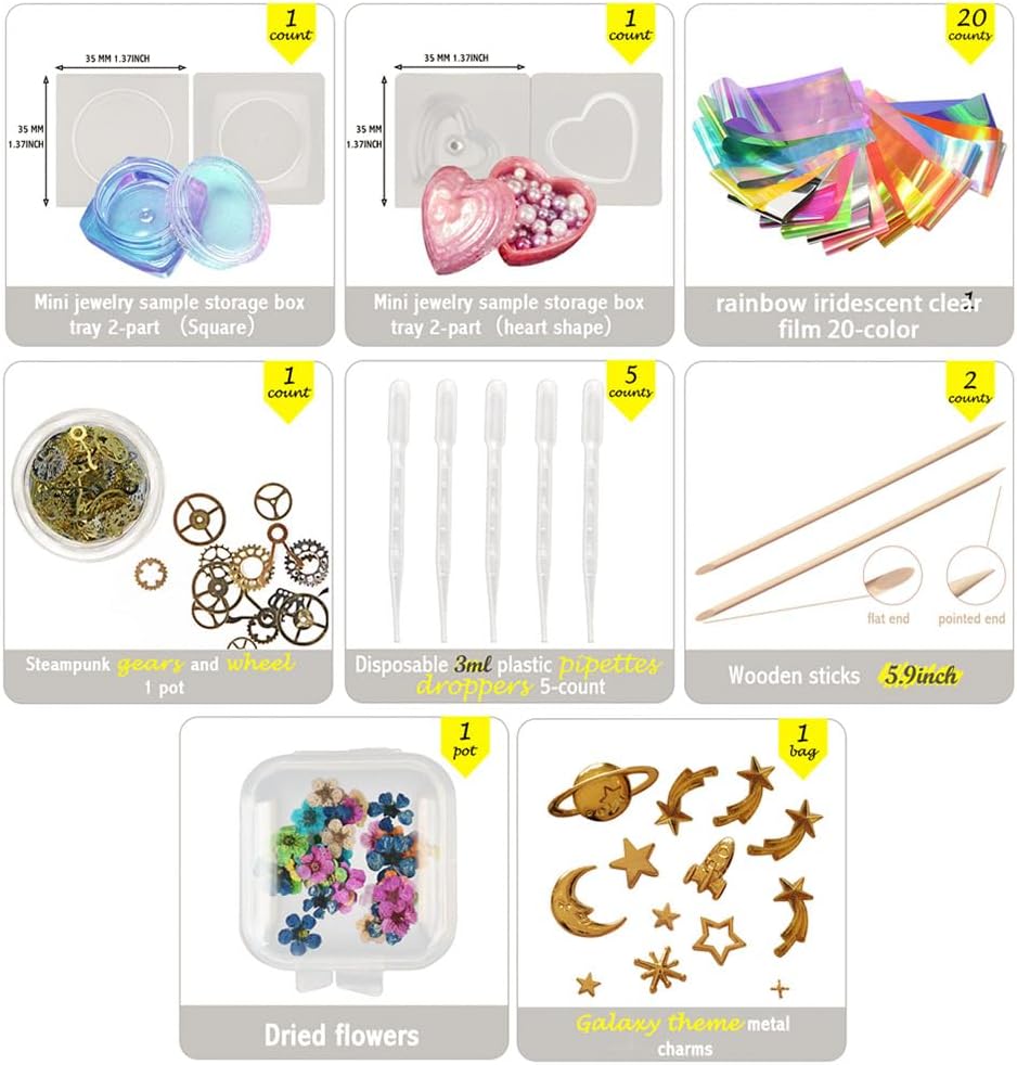 FUNSHOWCASE Trinket Box Resin Silicone Mold Set Jewelry Making 74 Kits Glitter Confetti Mermaid Pearl Iridescent Flims Pipettes Droppers Wood Sticks