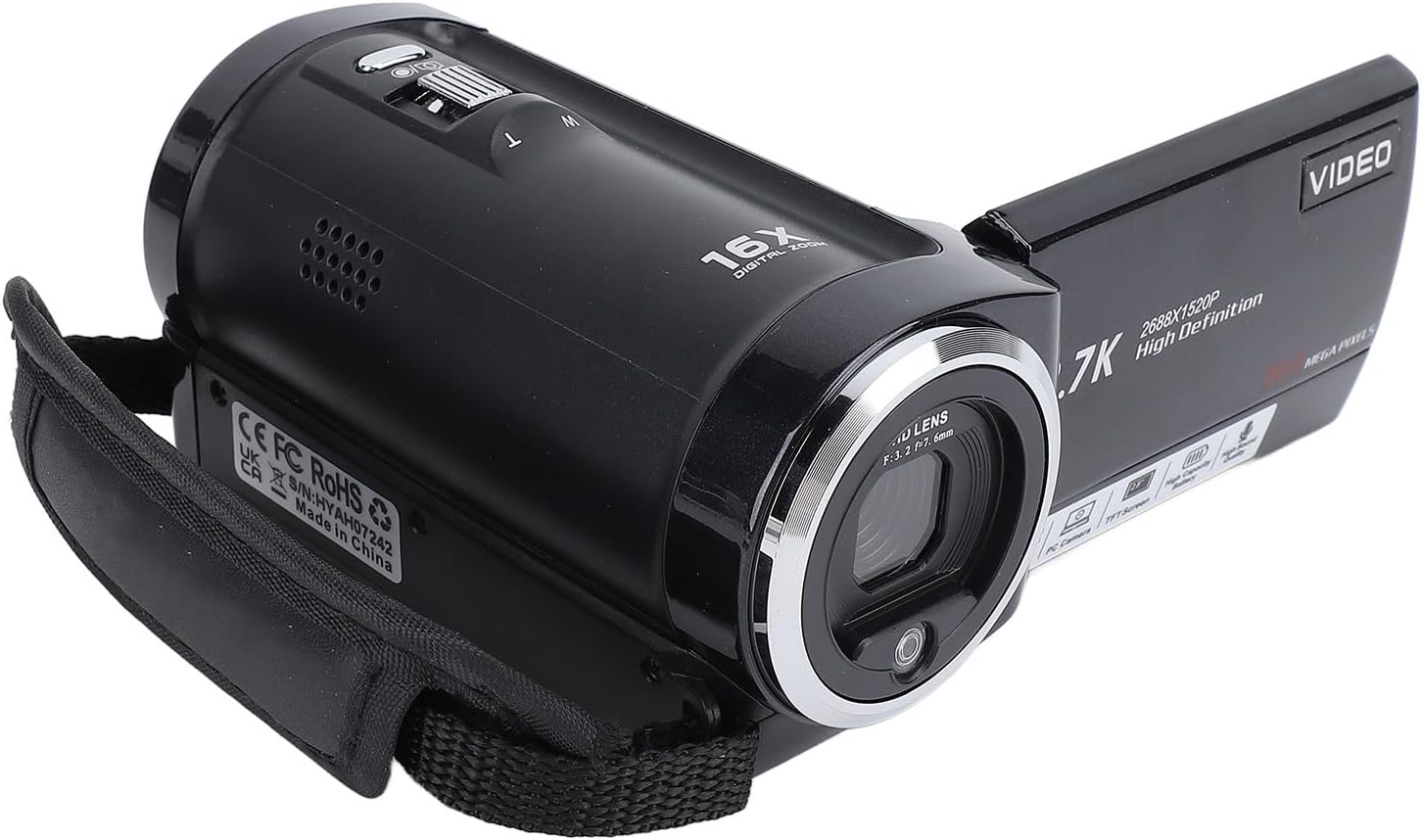 Front-side view of the Bewinner Video Camera Camcorder, showing the lens, microphone, and hand strap.