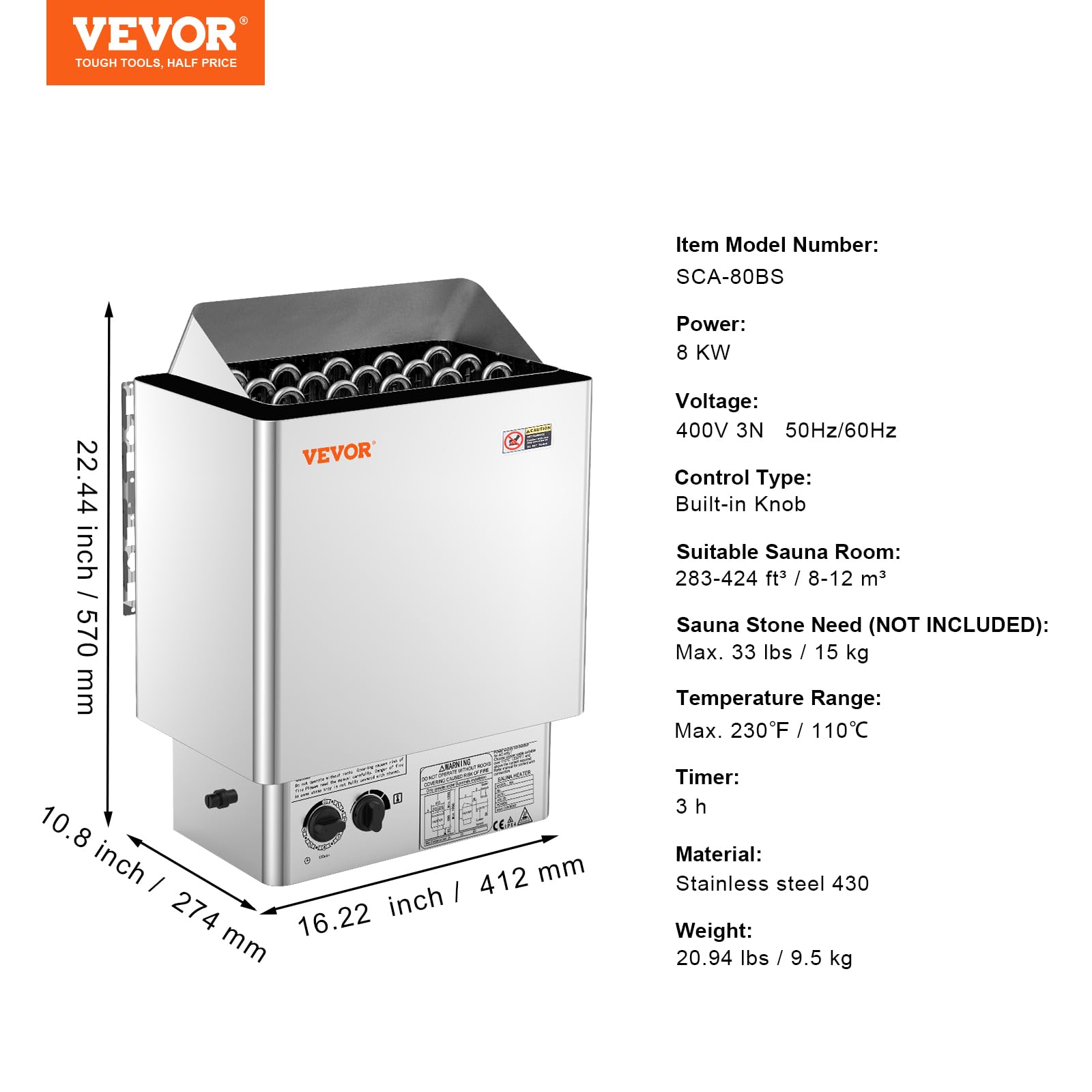 VEVOR Stufa Elettrica per Sauna 8 kW 400 V 3 N, Riscaldatore Portatile Acciaio Inox, 8-12 m³, Timer 3 Ore