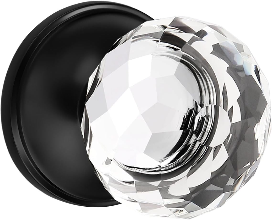2 Pack Crystal Door Knobs Interior, Elegant Matte Black Glass Door Knobs, Keyless Privacy Door Locks for Bedrooms and Bathrooms