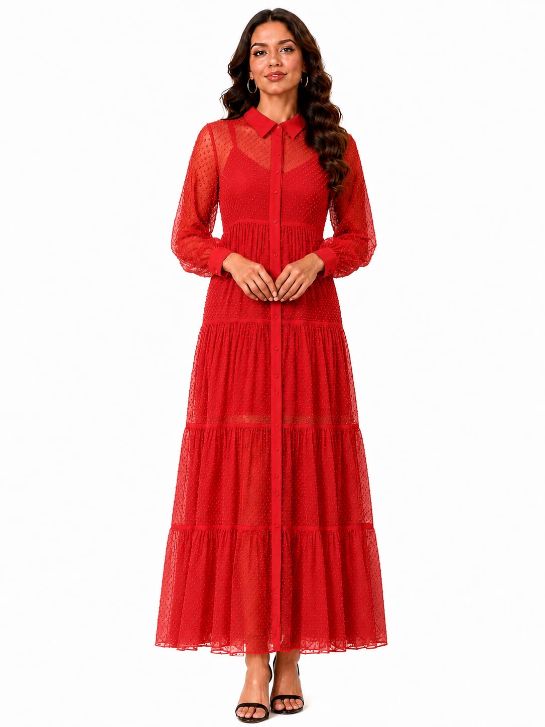 tishani Sheer Mesh Dobby Tiered Maxi Dress with Collar-picture-51
