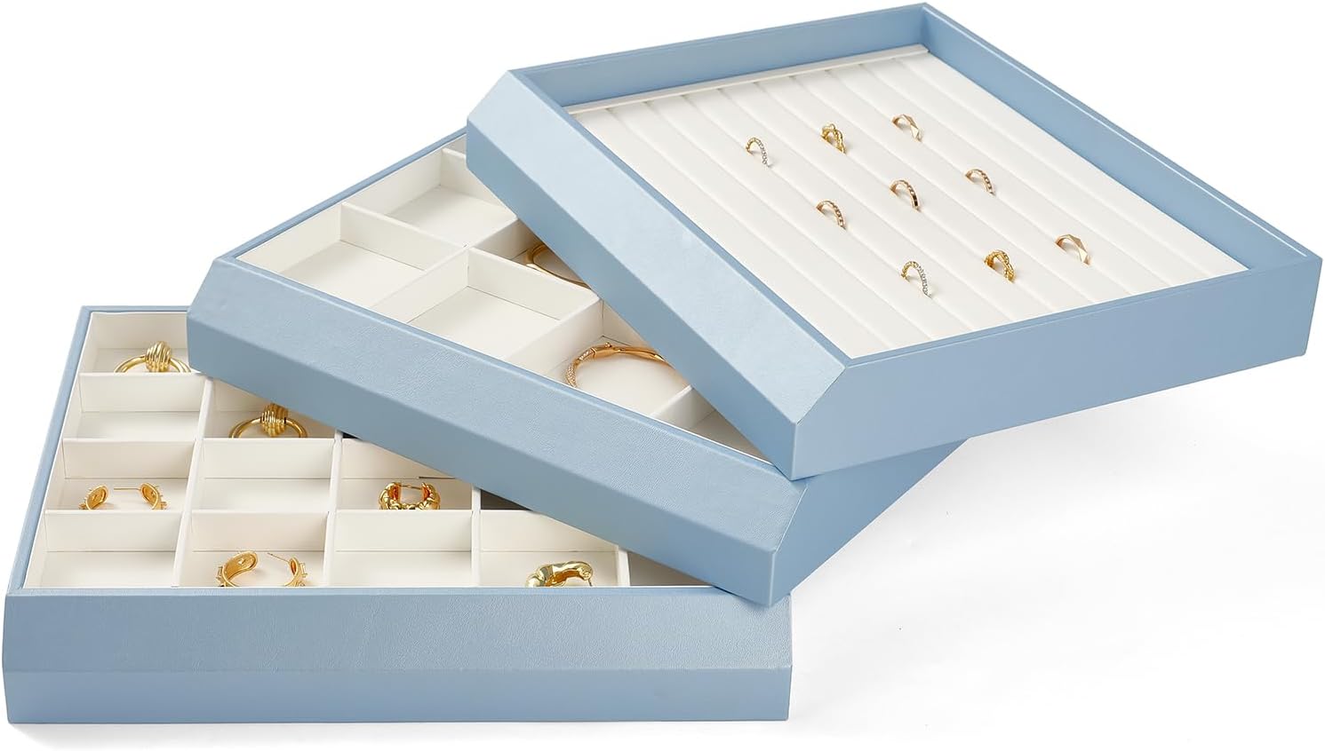 Stackable Jewelry Display Tray - Premium PU Leather Ring & Earring Organizer - Waterproof, Scratch-Resistant, Space-Saving Design for Dresser, Countertop, Store Showcase (12" x 10" x 1.2")