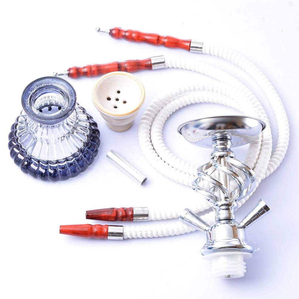 Shisha Shisha Set, Doble Tubo de Vidrio Shisha Negro Shisha Pipa con 2 Mangueras Traje de Fumador árabe Pipa de Agua Barra de cerámica Juego Completo para Bar Café