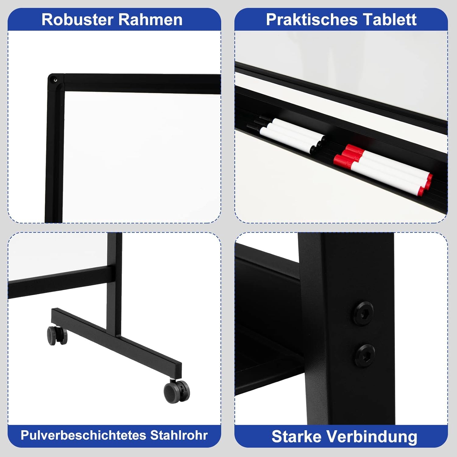 FANTASK Przenośna tablica suchościeralna, 120 x 60 cm, dwustronna magnetyczna tablica suchościeralna ze stojakiem i rolkami, zmywalna na sucho