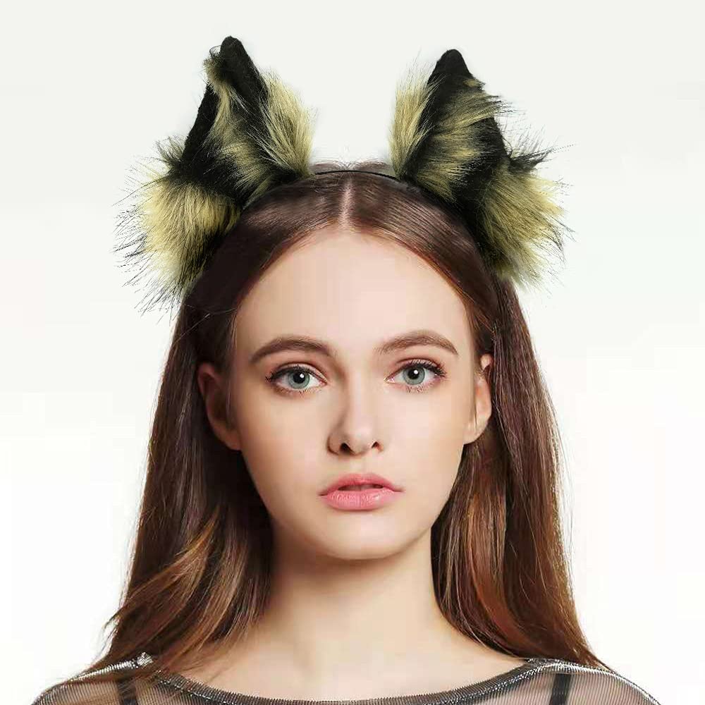 Cat Wolf Fox Dog Ears Headband Handmade Faux fur Cosplay Halloween Costume Party: Black+brown