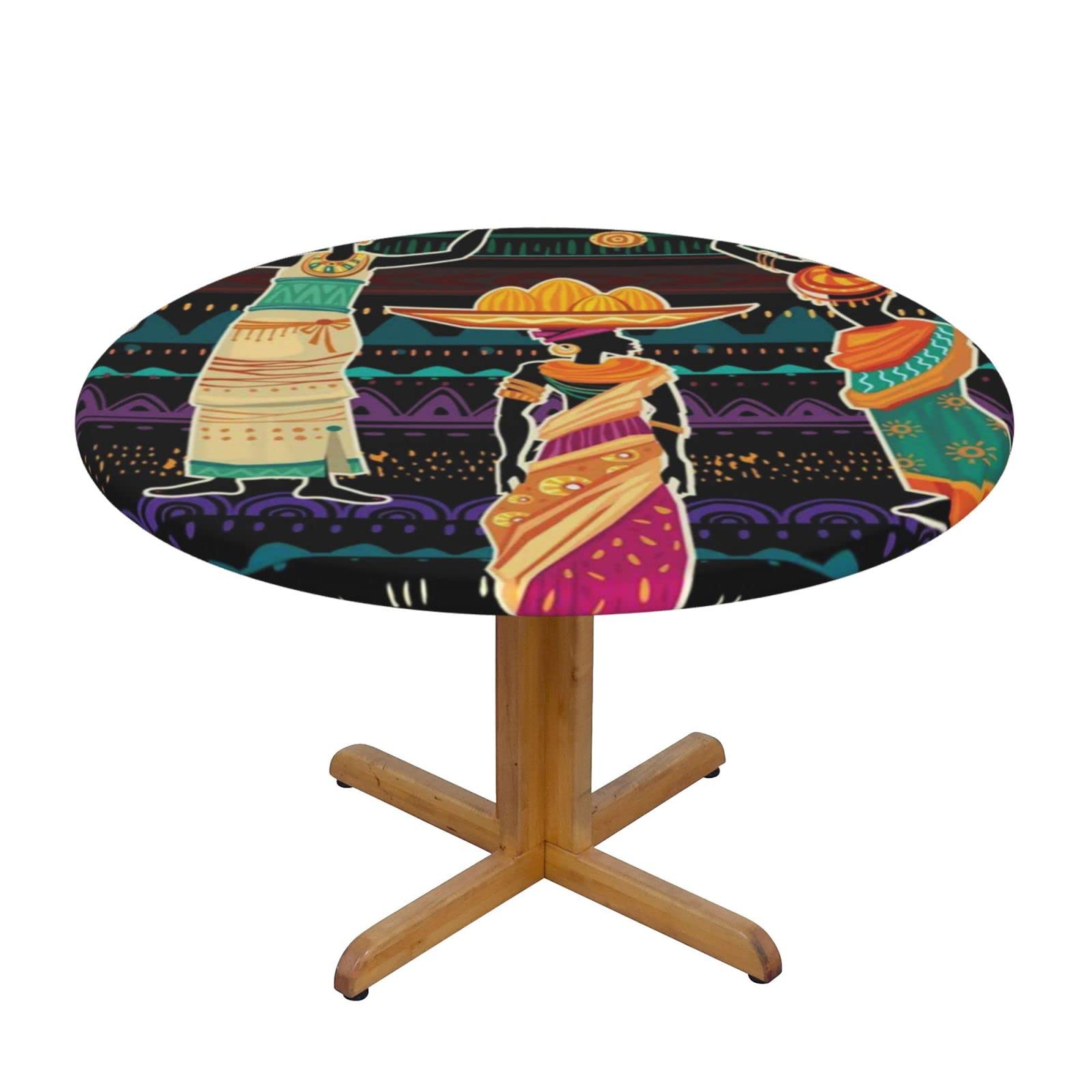 Lsjuee Round Fitted Tablecloth 45-50in Elastic Edged Table Cloth for Kitchen Dining Party Home Decor - African Tribal Women Native Color
