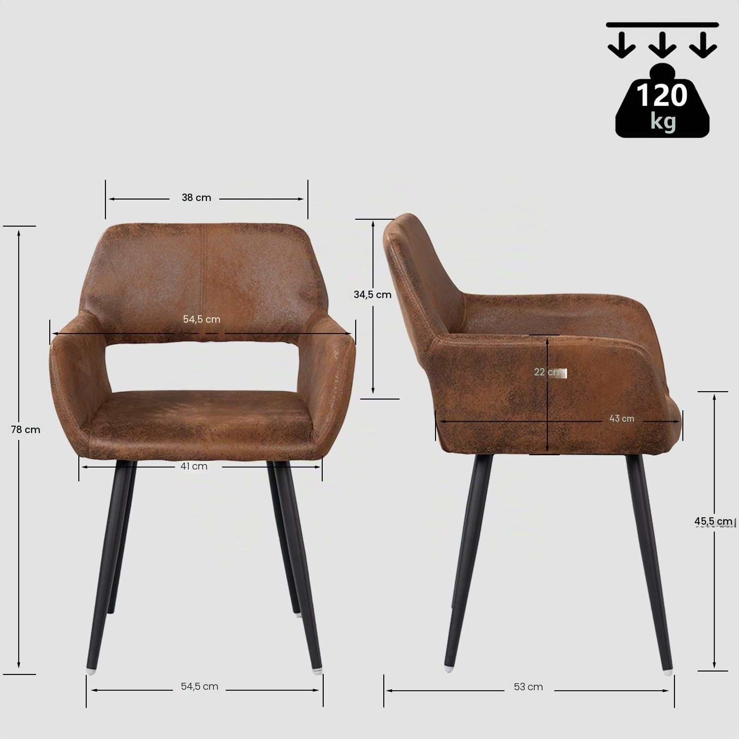 MEUBLE Cosy Juego de 2 Sillas de Comedor Vintage Retro Sillón Tapizado en Gamuza con Reposabrazos Patas Metálicas para Cocina Salón