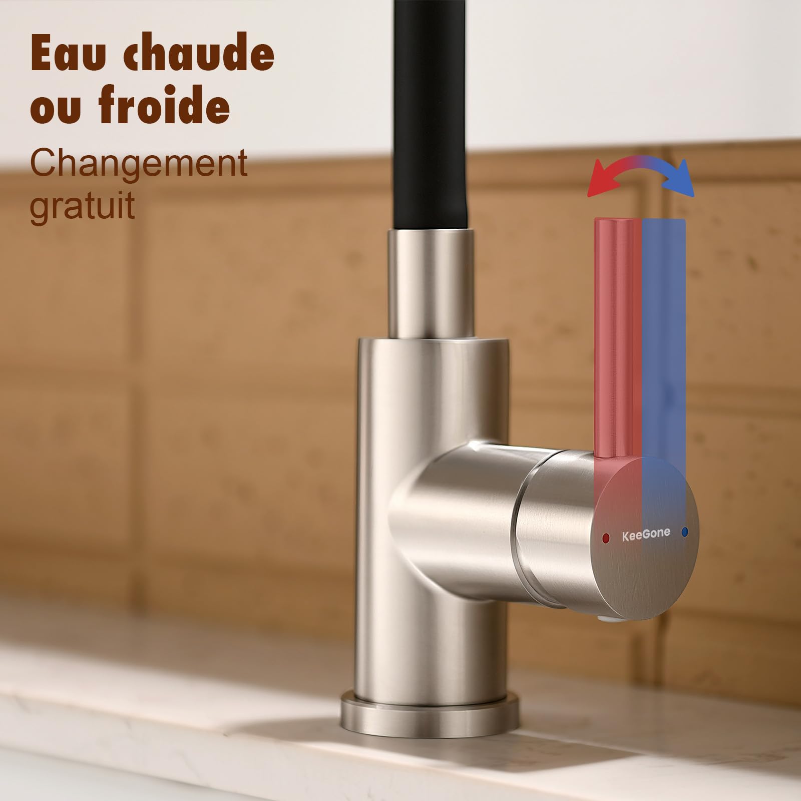 Robinet d'Évier de Cuisine avec Douchette Flexible Inox Brossé | Mitigeur Pivotant à 360°, Aérateur Extractible pour Économiser l'Eau, Acier Inoxydable