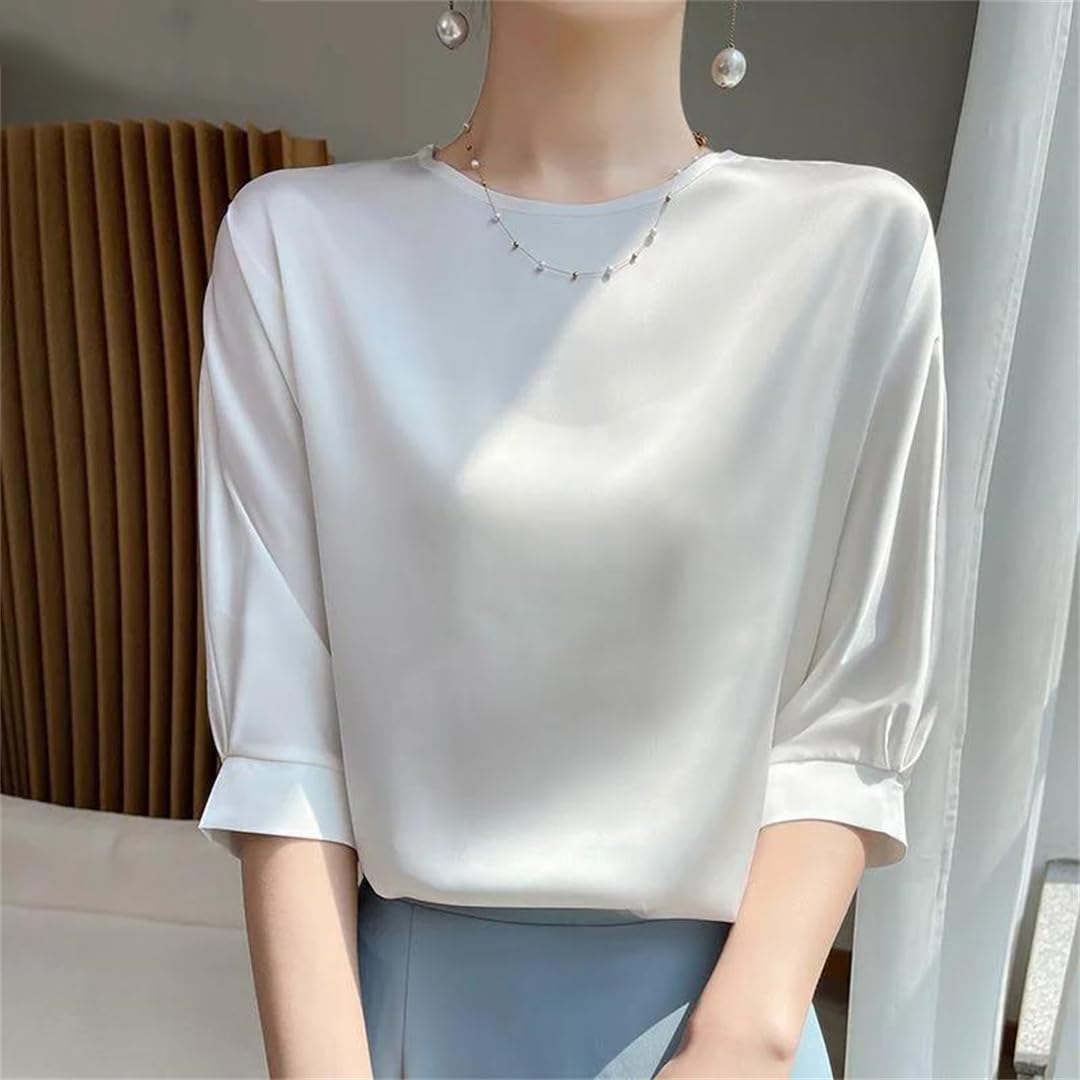 Yeuyyben Camicetta da donna classica tinta unita sottile mezza manica O-collare allentato slim camicia pullover da donna