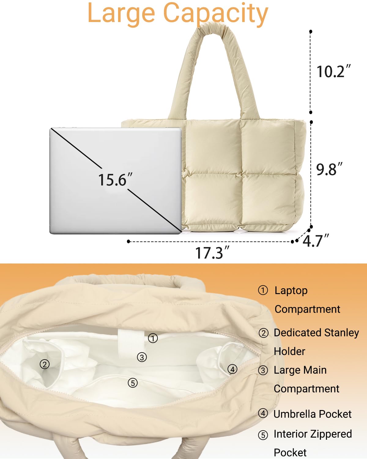 Herald Puffer Tote Bag for Women, Large Quilted Puffy Handbag Lightweight Satchel Purse with Cup Holder & Compartment: Khaki