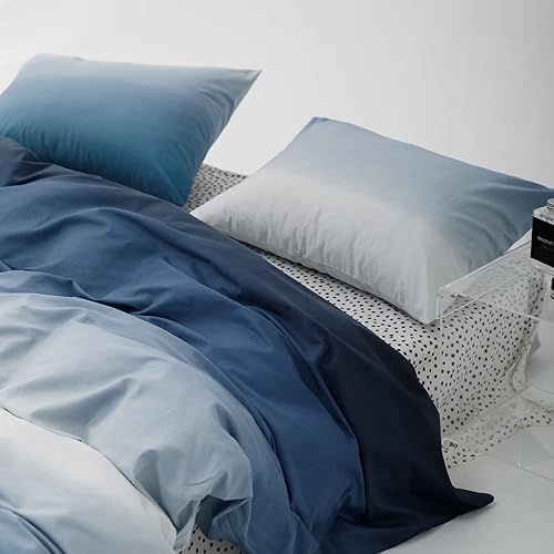 Miniatura 4 de Cottonight Juego de edredón de color azul degradado tamaño Queen color azul y azul marino juego de edredón de 3 piezas con diseño de degradado