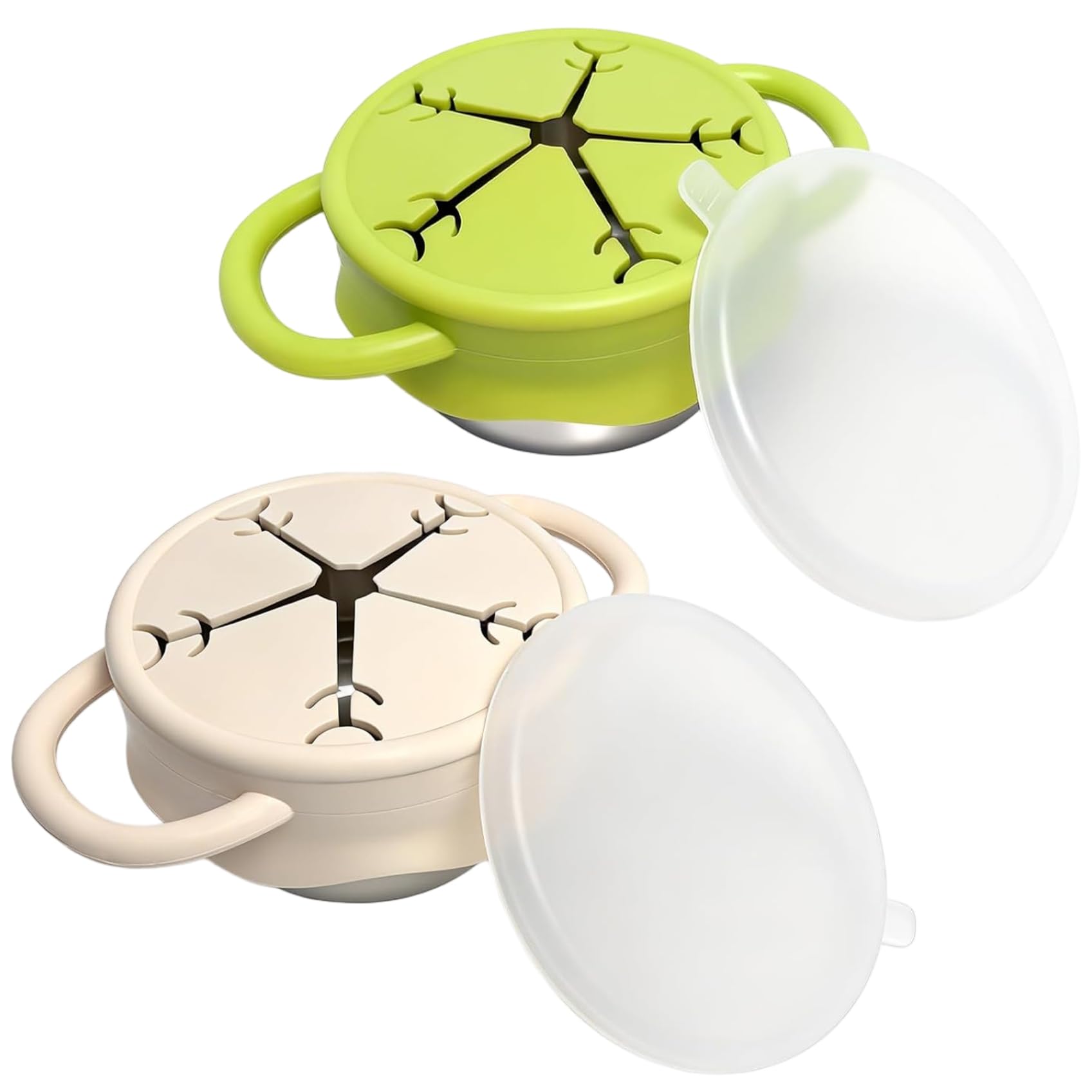Sjfbebsy 2-Pack Snack Cups for Toddlers Stainless Steel No Spill Baby Snack Cups with Removable Silicone Sleeve and Lid 13.5Oz Dishwasher Safe Green and Beige