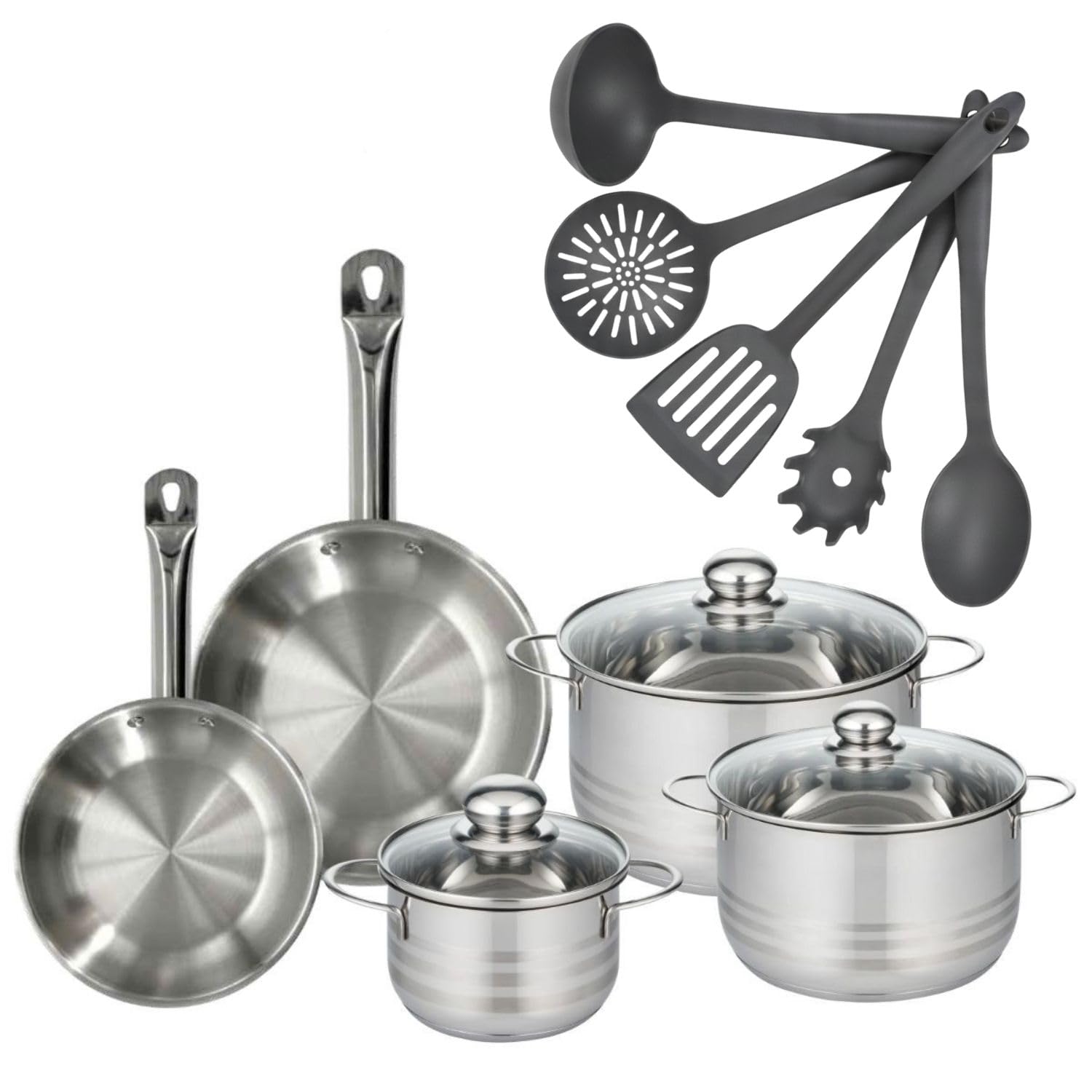 Fackelmann Batterie cuisine 5 pieces 16-24 cm + 5 ustensiles | Lot complet pour équiper la cuisine, 2 poêles et 3 faitouts, Inox acier robuste, Diamètres 16 20 24 cm, Induction four gaz