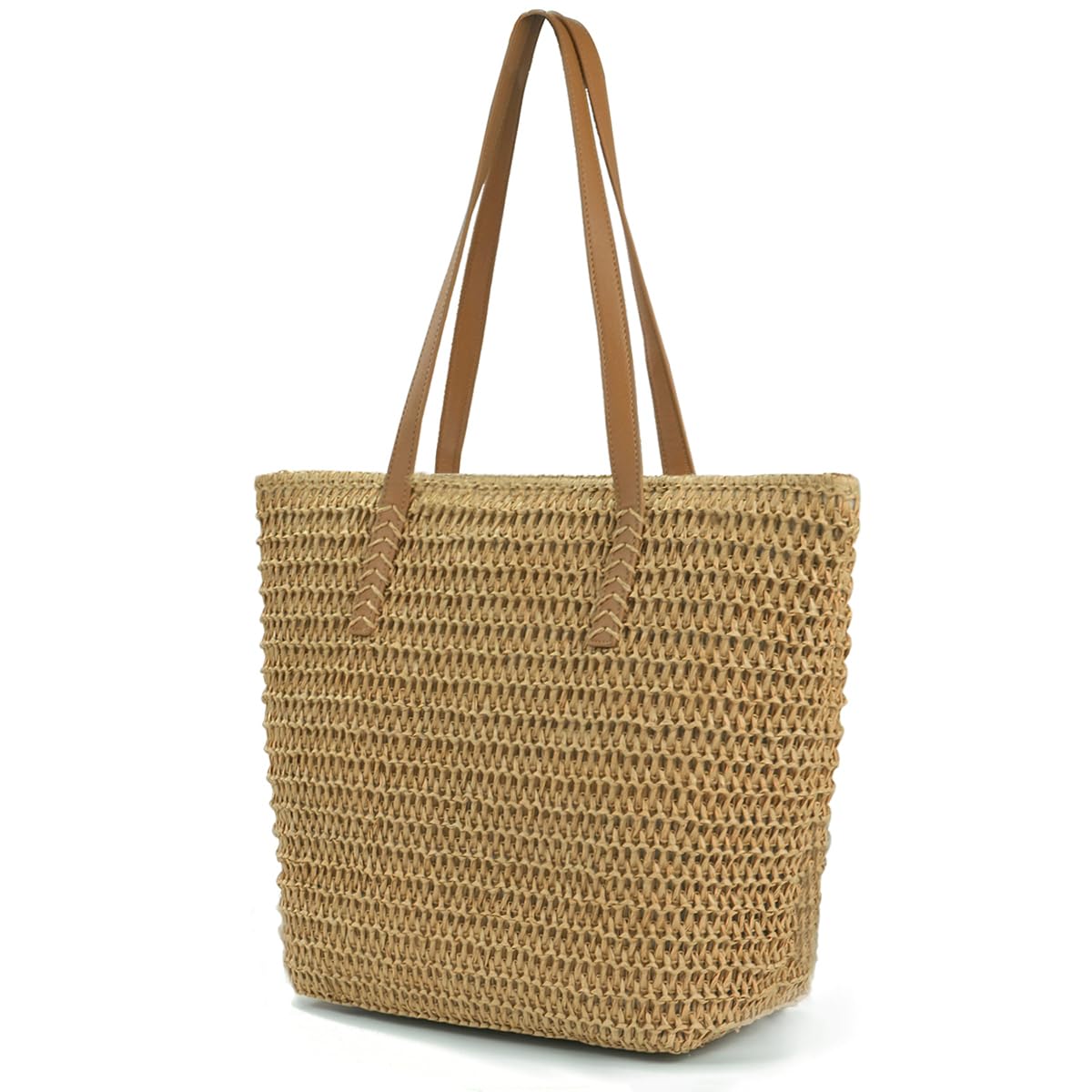 Straw Beach Bag for Women, Summer Straw Tote Shoulder Bag, Reusable Boho Casual Travel Holiday Handbag with Zipper Handles for Beach Vacation Outdoor Work Shopping Daily Use