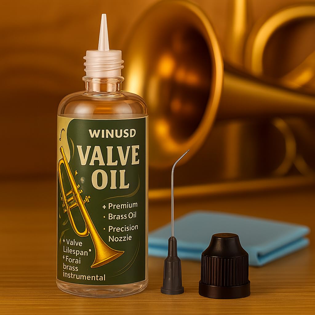 Premium 2oz Brass Valve Oil for Trumpet Trombone French Horn Tuba - Synthetic Lubricant with Precision Nozzle & Cleaning Cloth
