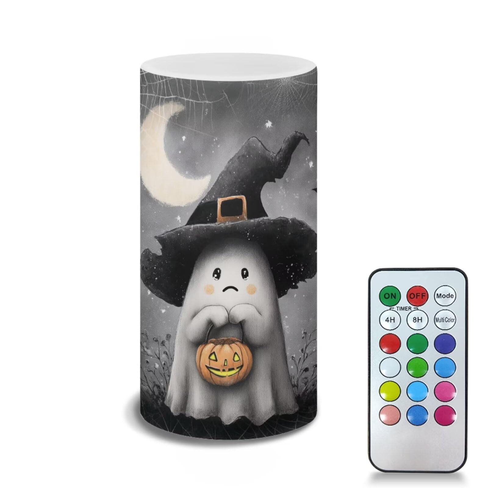 Poceacles Wizard Hat Ghost Pumpkin Moon Gray Flameless Candle Battery Powered with Remote Control 12 Colors 4/8 Hours Timer LED Night Lights Pillar Candle Tealights Halloween Decorations
