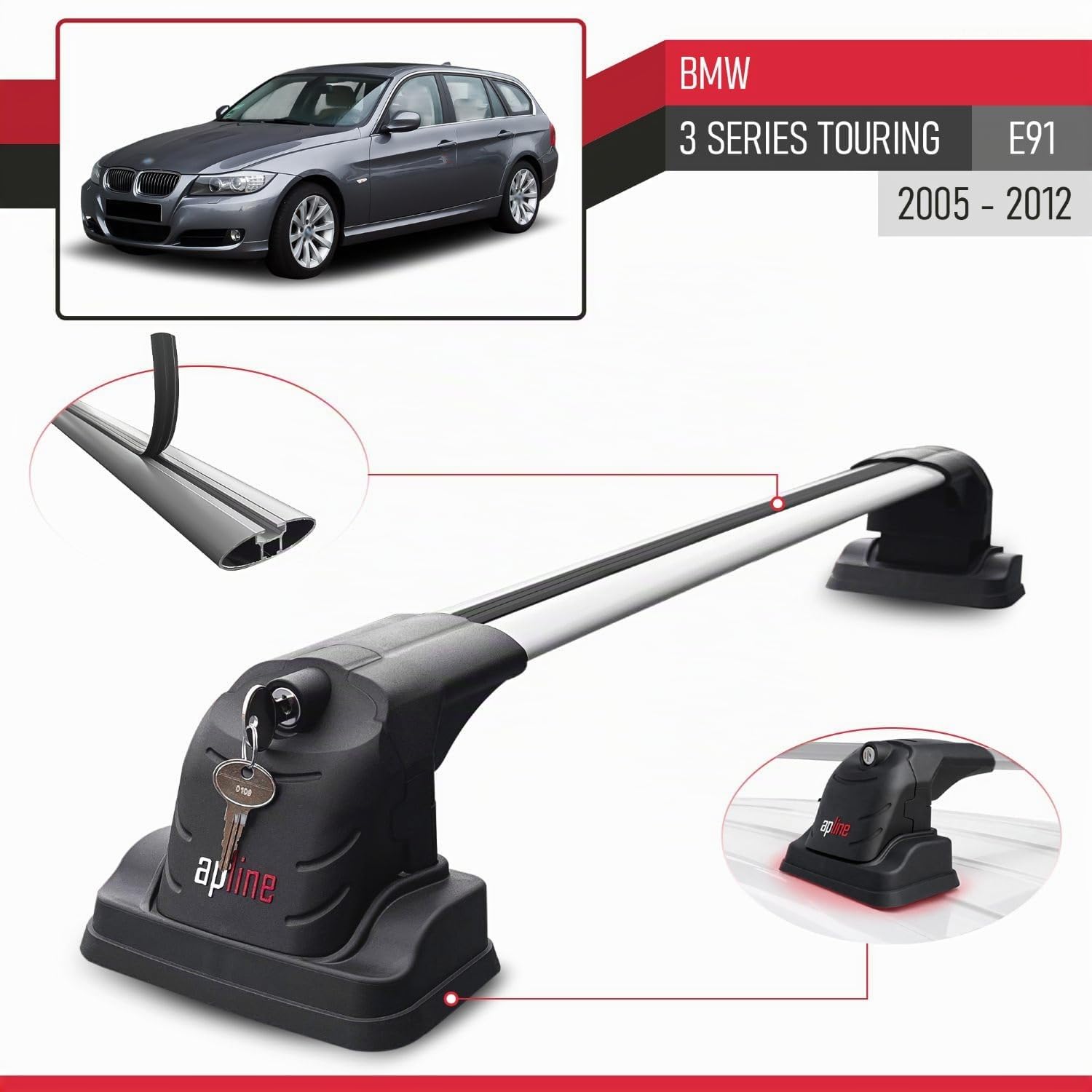 Compatibile con BMW Serie 3 Touring (E91) 2005-2012 Modello ACE-3 Barre Tetto Portapacchi Auto Barre Portatutto Grigio Alluminio 2 Barre
