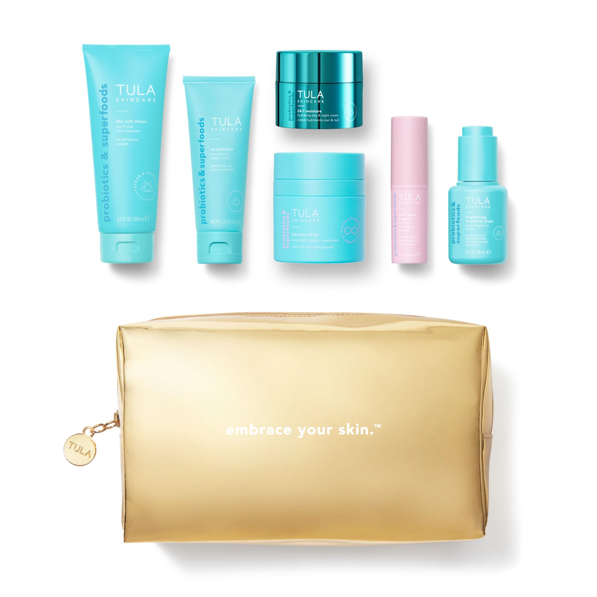 TULASkincare Submerged in Moisture Kit - Full-Size Cult Classic Cleanser, So Polished Scrub, Vitamin C Serum, 24-7 Moisture Day & Night Cream, Overnight Treatment, Rose Glow Eye Balm, 7-piece set