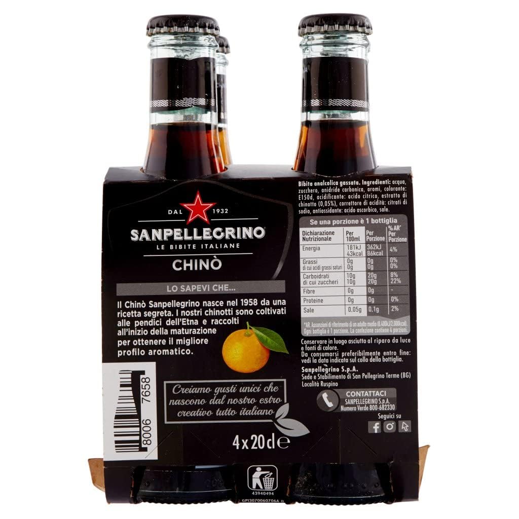 Italian Gourmet Bundle Sanpellegrino Chinò 24 x 20 cl, 4,8 L, Boisson Gazeuse Italienne au Chinotto, Bouteilles en Verre, Chinotti de Sicile, Goût Intense et Amer-Doux + Italian Gourmet Polpa