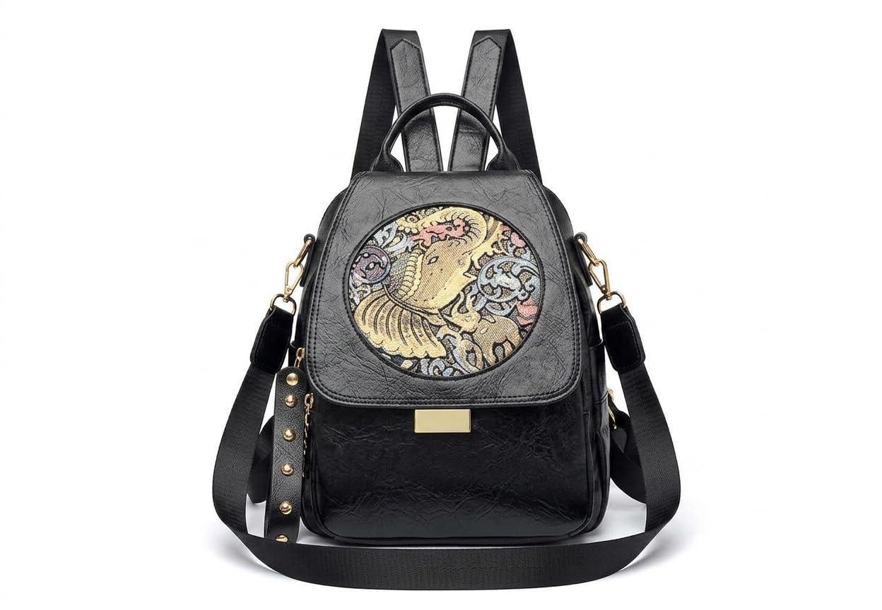 Women's Black PU Leather Backpack with Elephant Embroidery-image-38